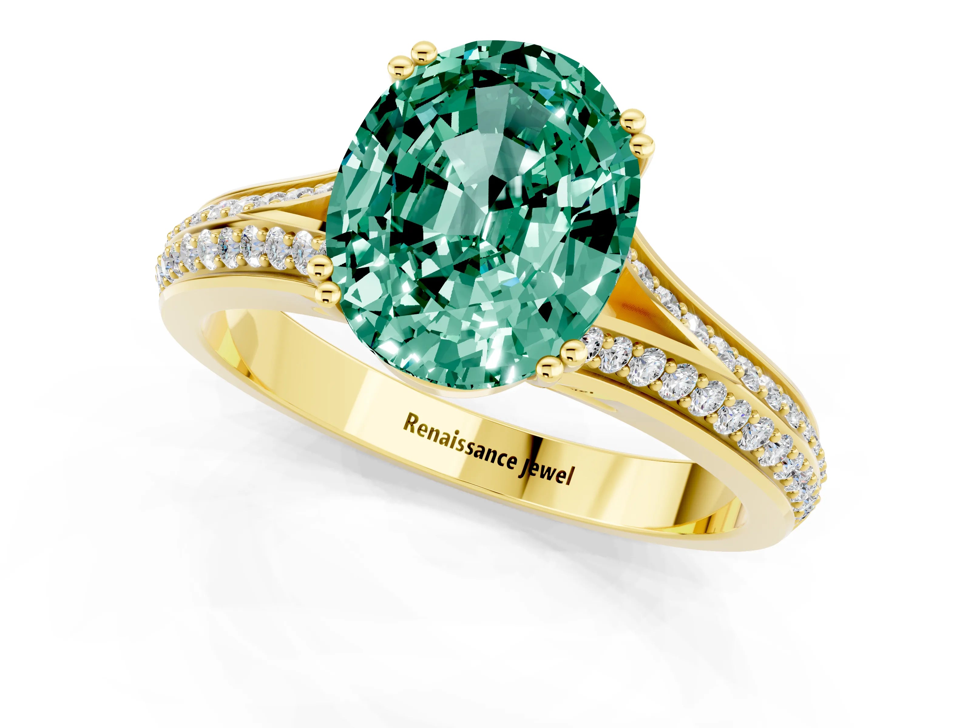 Yellow gold Oval Cut Green Sapphire Split Shank Engagement Ring with Pavé Band_1
