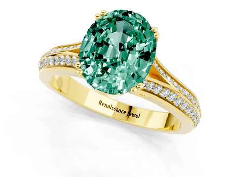 Yellow gold Oval Cut Green Sapphire Split Shank Engagement Ring with Pavé Band_1