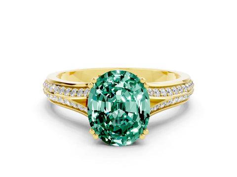 Yellow gold Oval Cut Green Sapphire Split Shank Engagement Ring with Pavé Band
