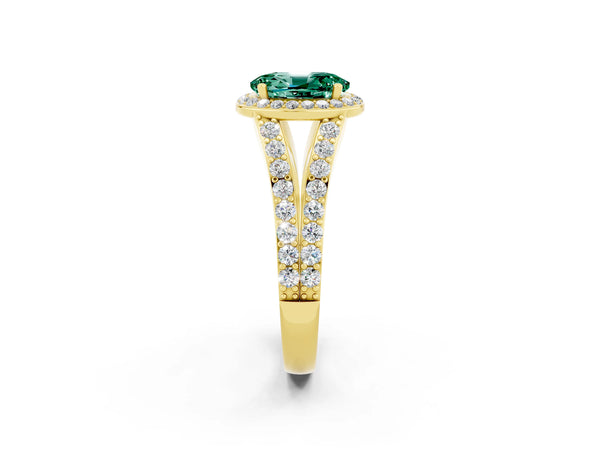 Yellow gold Oval Cut Green Sapphire Split Shank Halo Ring with Four-Prong Setting
