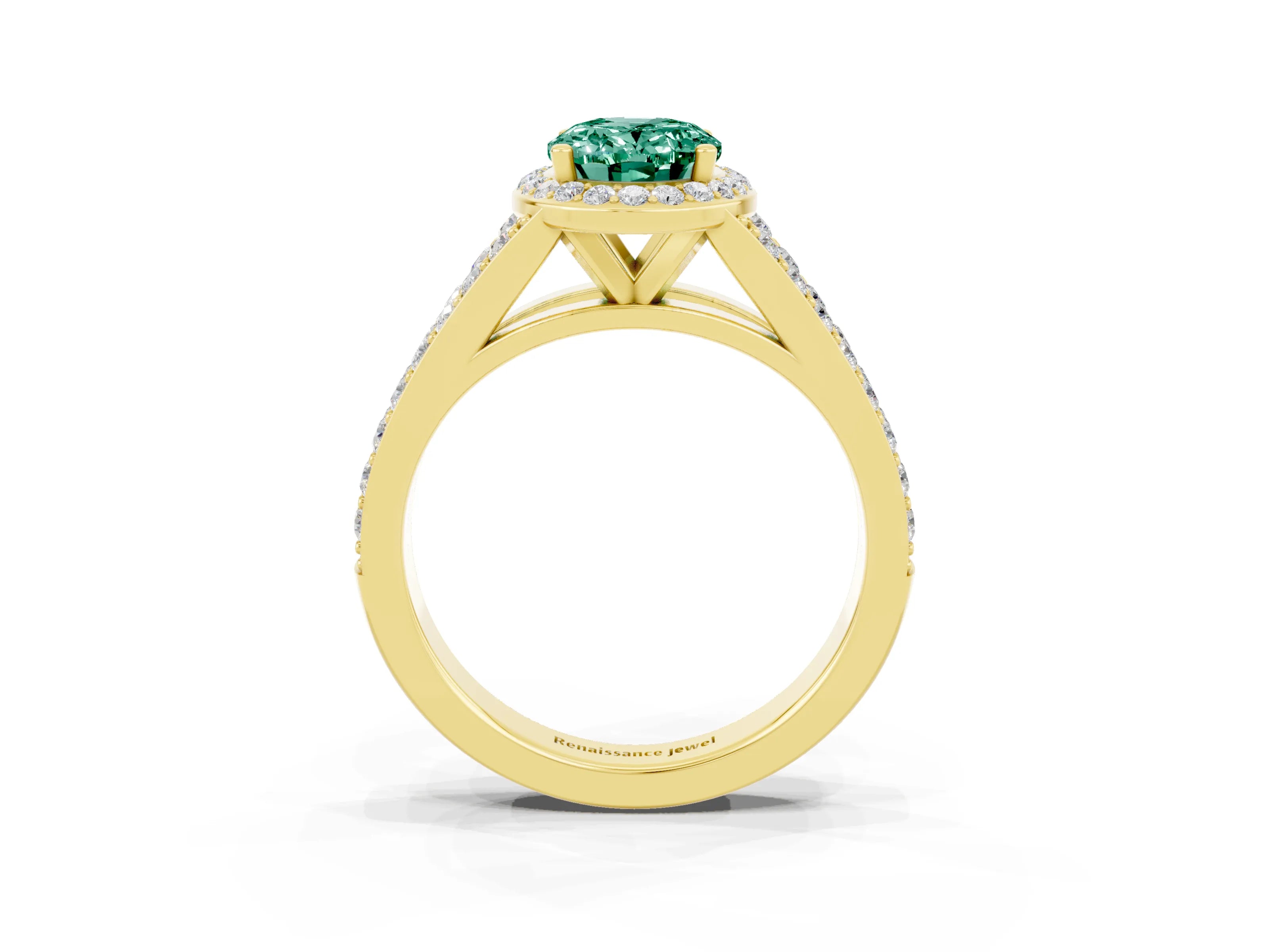 Yellow gold Oval Cut Green Sapphire Split Shank Halo Ring with Four-Prong Setting_15