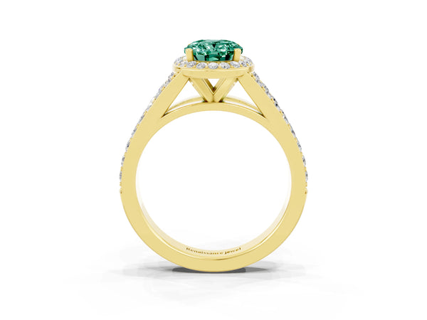 Yellow gold Oval Cut Green Sapphire Split Shank Halo Ring with Four-Prong Setting