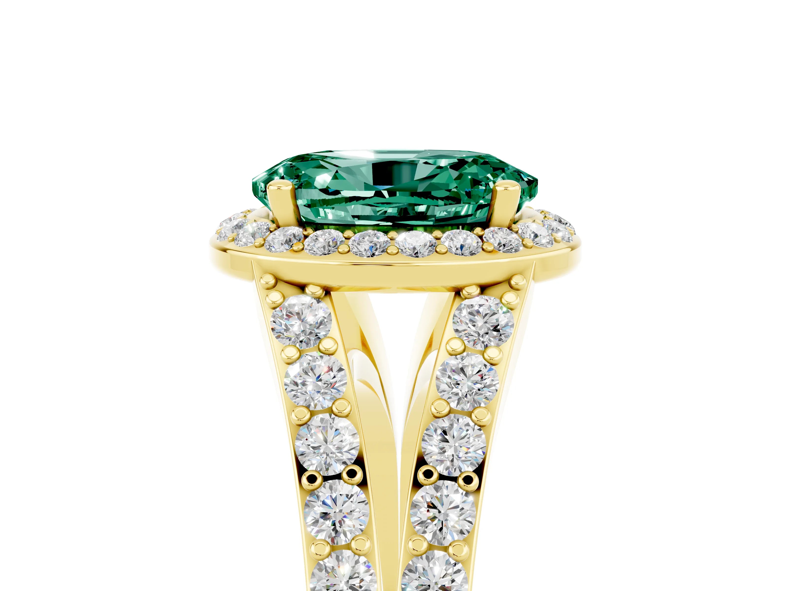 Yellow gold Oval Cut Green Sapphire Split Shank Halo Ring with Four-Prong Setting_17
