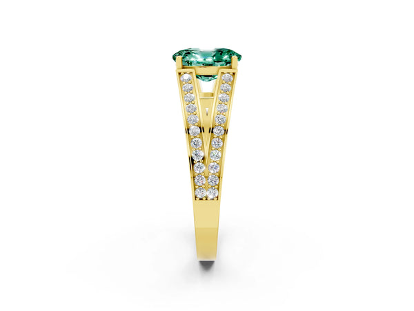 Yellow gold Oval Cut Green Sapphire Split Shank Ring with Pavé Band and Four-Prong Setting
