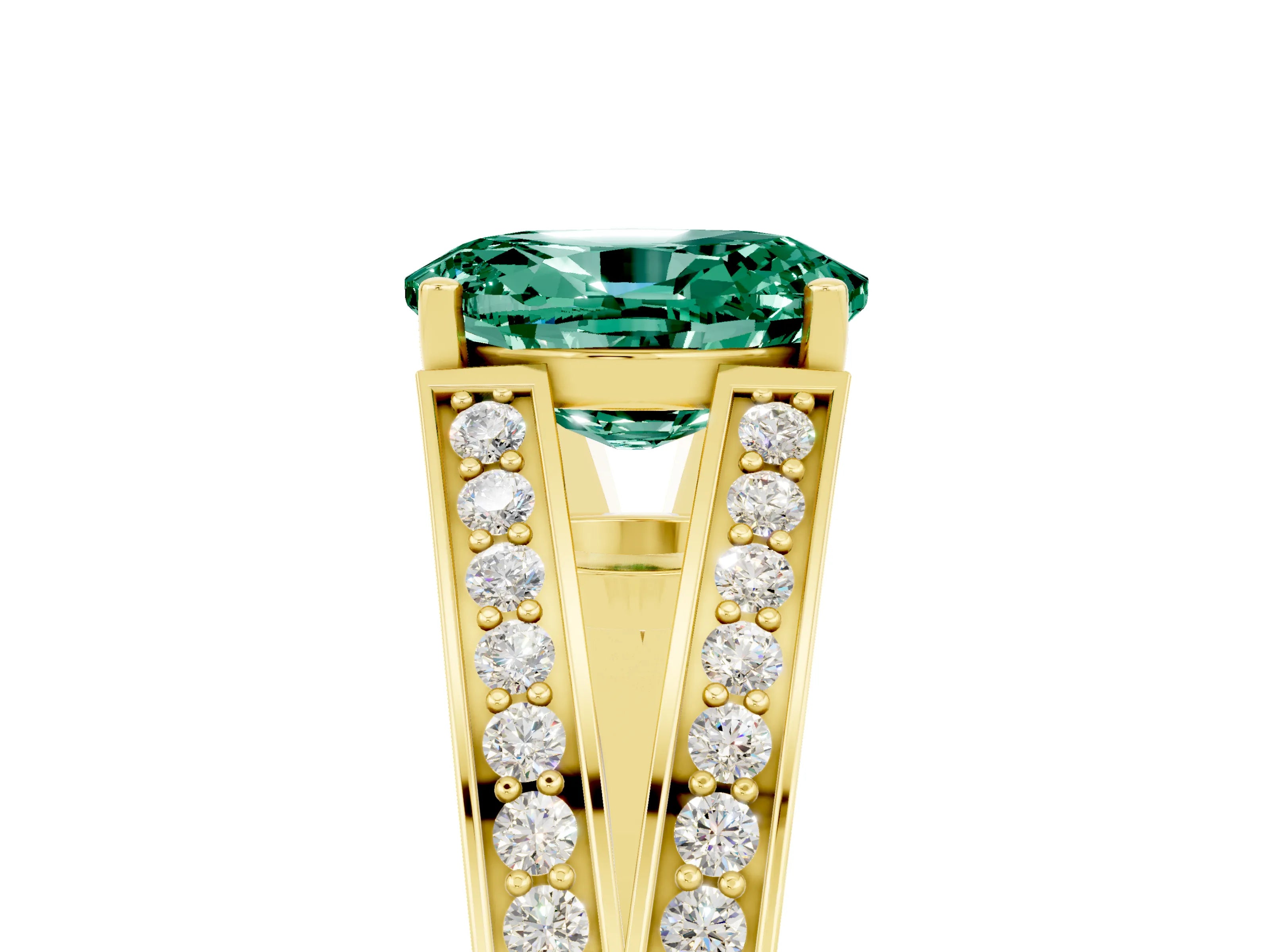 Yellow gold Oval Cut Green Sapphire Split Shank Ring with Pavé Band and Four-Prong Setting_5