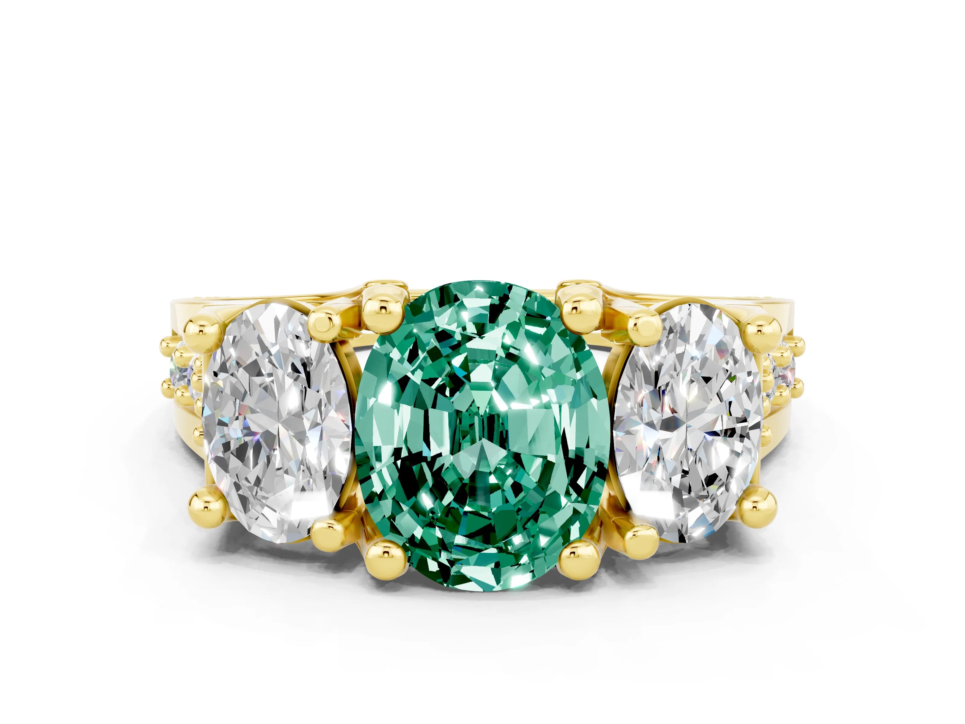 Yellow gold Oval Cut Green Sapphire Three-Stone Ring with Channel Set Band and Four-Prong Setting