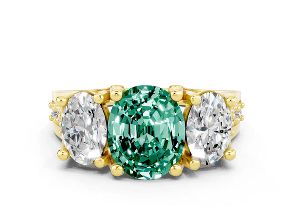 Yellow gold Oval Cut Green Sapphire Three-Stone Ring with Channel Set Band and Four-Prong Setting