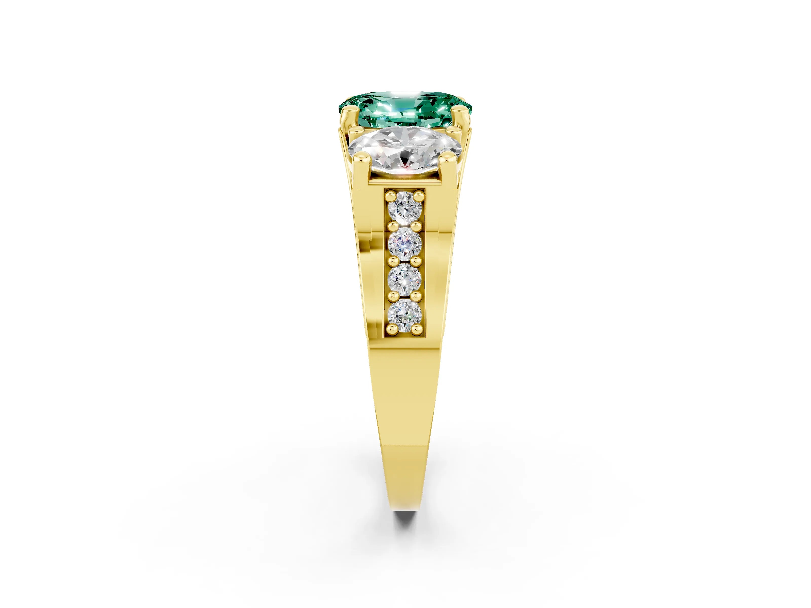 Yellow gold Oval Cut Green Sapphire Three-Stone Ring with Channel Set Band and Four-Prong Setting_2