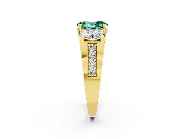 Yellow gold Oval Cut Green Sapphire Three-Stone Ring with Channel Set Band and Four-Prong Setting