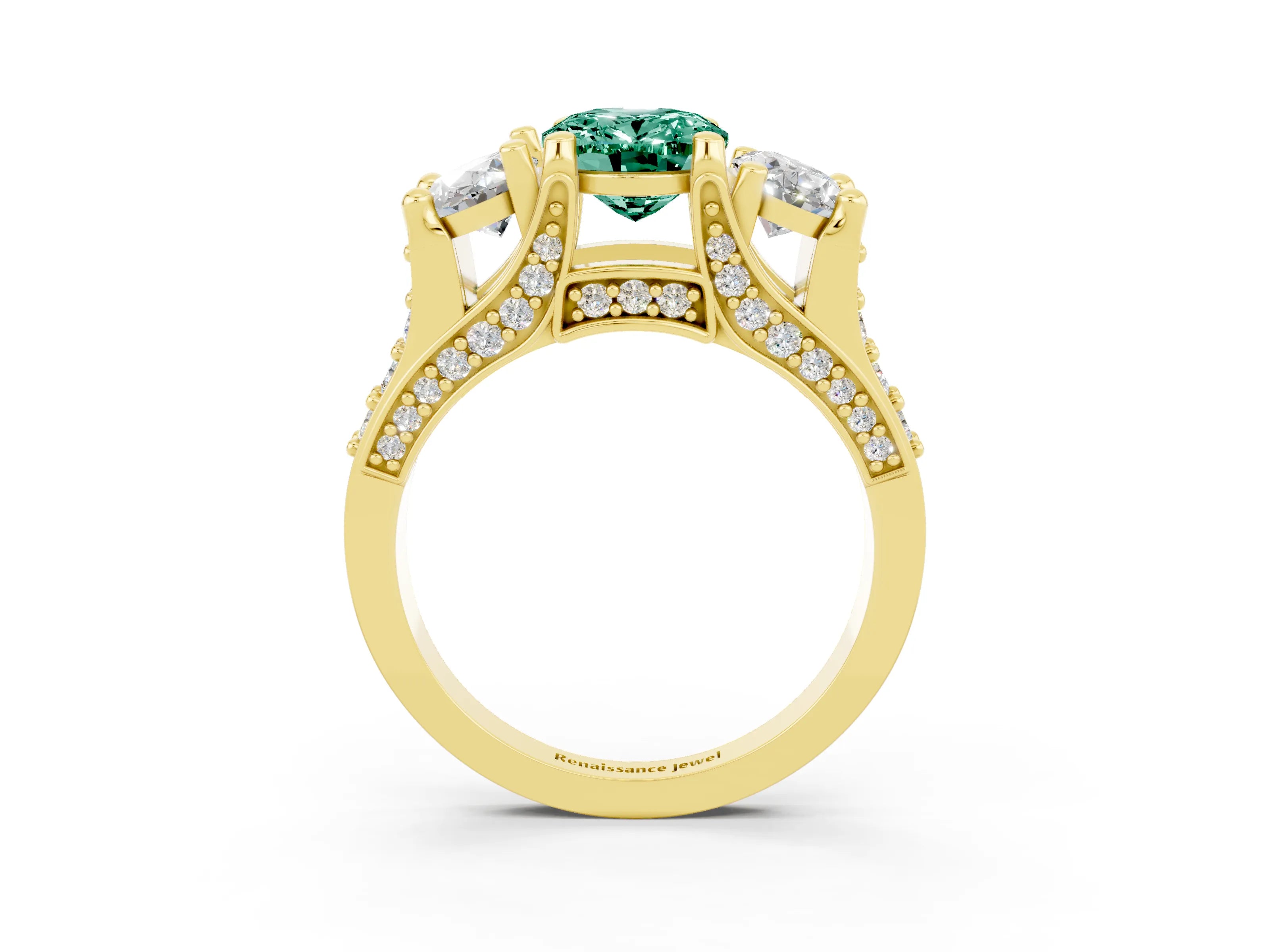 Yellow gold Oval Cut Green Sapphire Three-Stone Ring with Channel Set Band and Four-Prong Setting_3