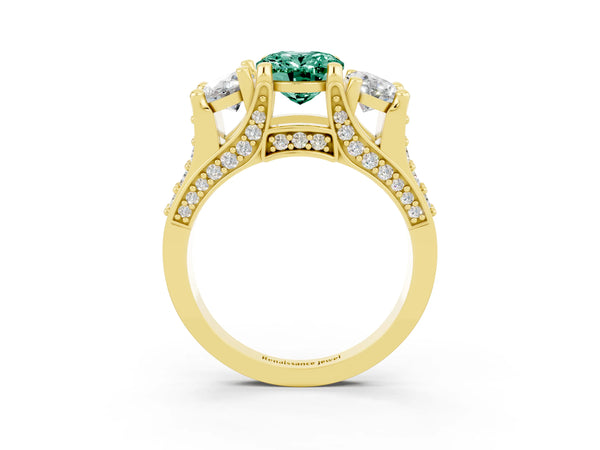 Yellow gold Oval Cut Green Sapphire Three-Stone Ring with Channel Set Band and Four-Prong Setting