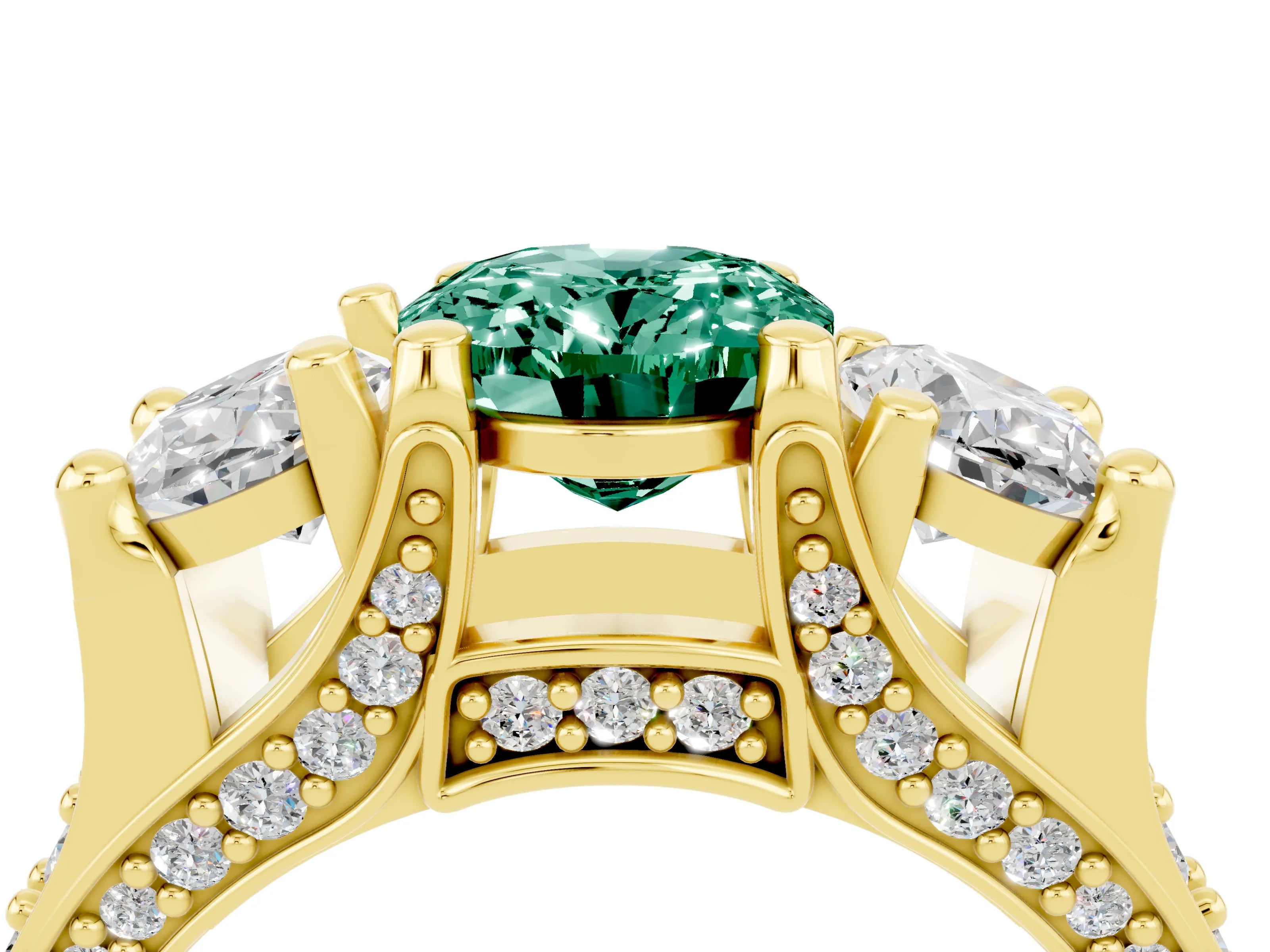 Yellow gold Oval Cut Green Sapphire Three-Stone Ring with Channel Set Band and Four-Prong Setting_4