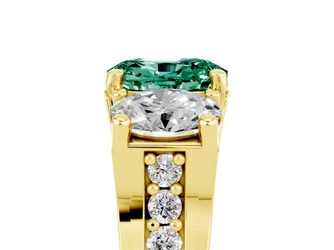 Yellow gold Oval Cut Green Sapphire Three-Stone Ring with Channel Set Band and Four-Prong Setting_5