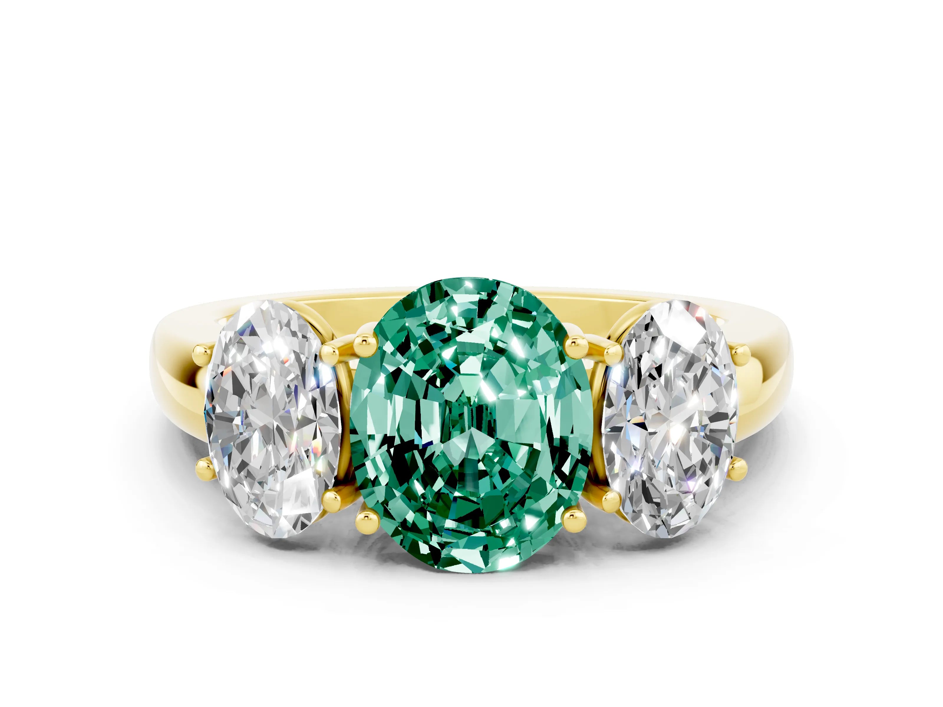 Yellow gold Oval Cut Green Sapphire Three-Stone Ring with Four-Prong Setting and Classic Band