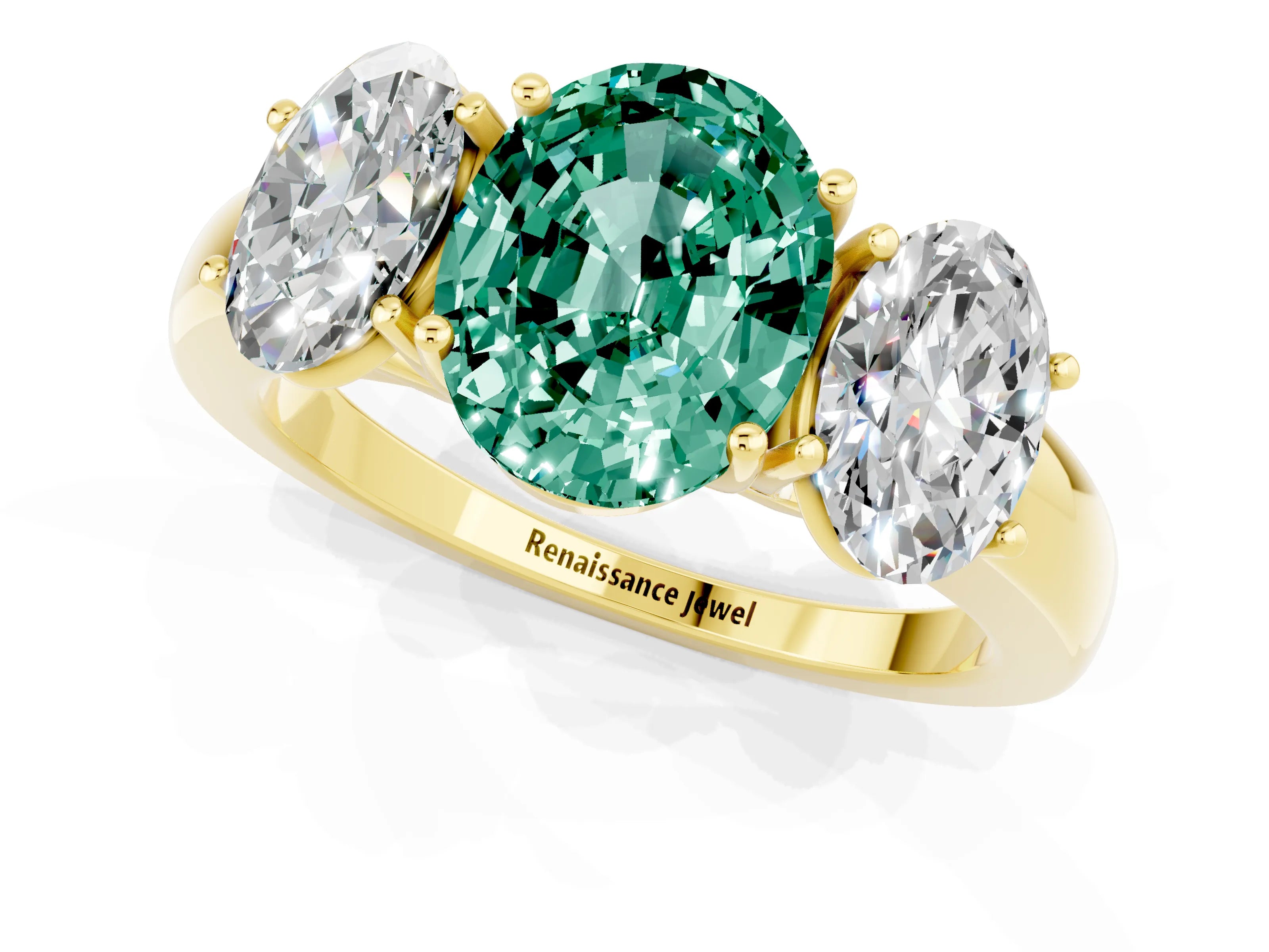 Yellow gold Oval Cut Green Sapphire Three-Stone Ring with Four-Prong Setting and Classic Band_1
