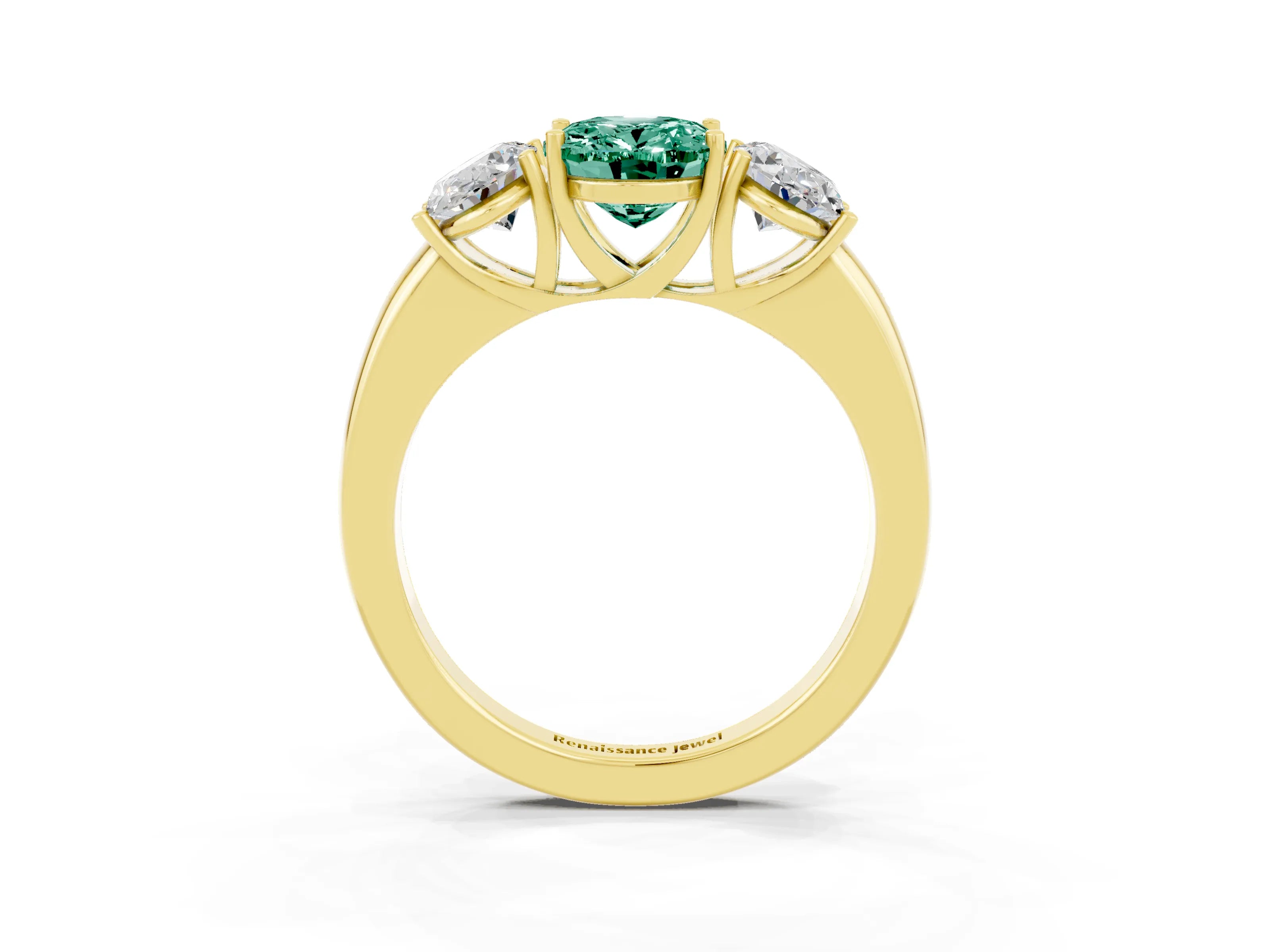 Yellow gold Oval Cut Green Sapphire Three-Stone Ring with Four-Prong Setting and Classic Band_3
