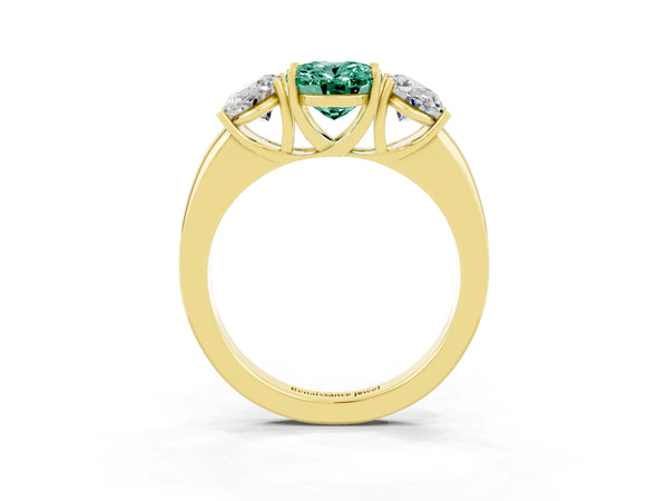 Yellow gold Oval Cut Green Sapphire Three-Stone Ring with Four-Prong Setting and Classic Band