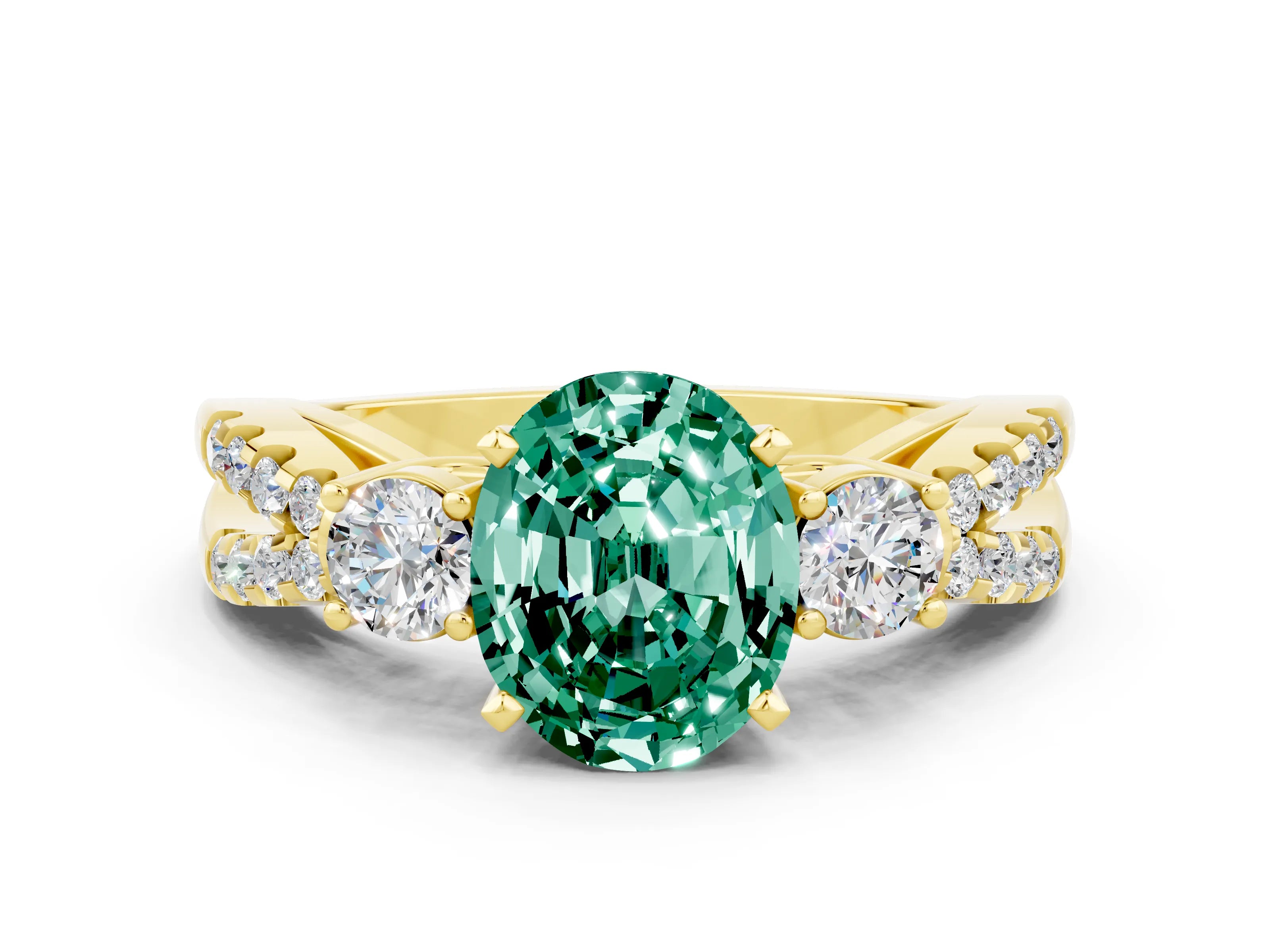 Yellow gold Oval Cut Green Sapphire Three-Stone Ring with Pavé Split Shank and Four-Prong Setting_12