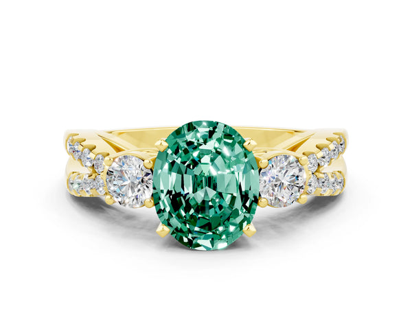 Yellow gold Oval Cut Green Sapphire Three-Stone Ring with Pavé Split Shank and Four-Prong Setting