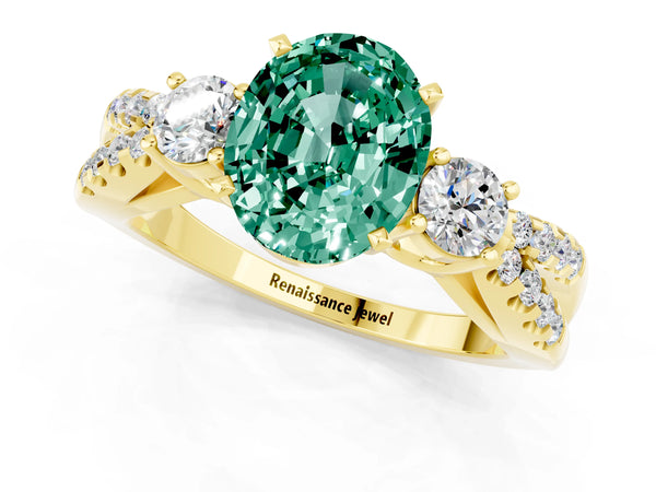 Yellow gold Oval Cut Green Sapphire Three-Stone Ring with Pavé Split Shank and Four-Prong Setting