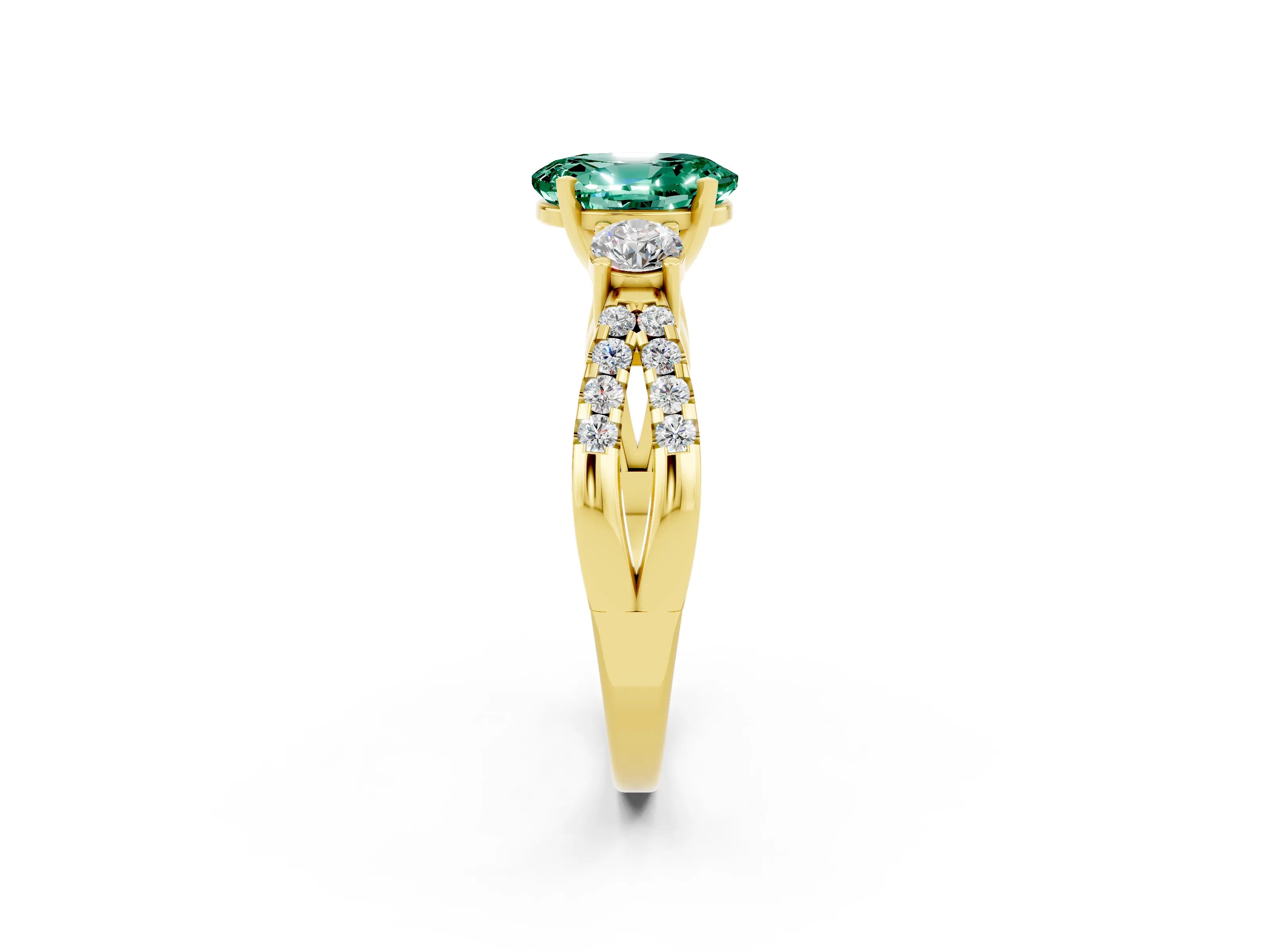 Yellow gold Oval Cut Green Sapphire Three-Stone Ring with Pavé Split Shank and Four-Prong Setting_14
