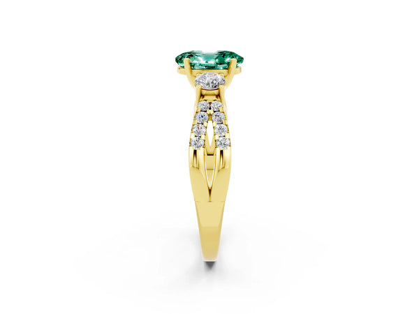 Yellow gold Oval Cut Green Sapphire Three-Stone Ring with Pavé Split Shank and Four-Prong Setting