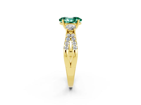 Yellow gold Oval Cut Green Sapphire Three-Stone Ring with Pavé Split Shank and Four-Prong Setting_14