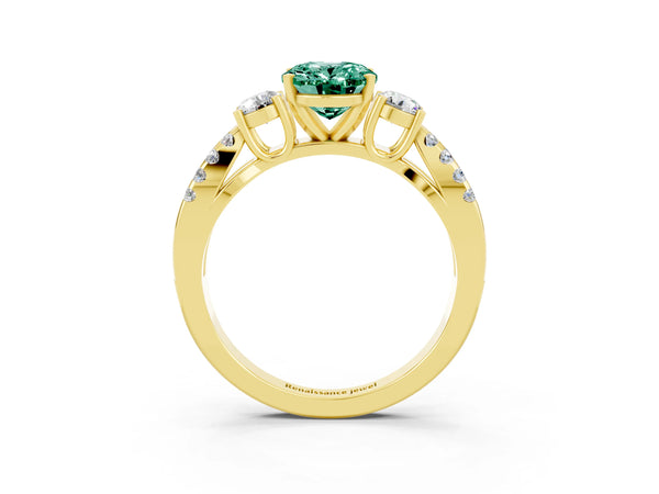 Yellow gold Oval Cut Green Sapphire Three-Stone Ring with Pavé Split Shank and Four-Prong Setting