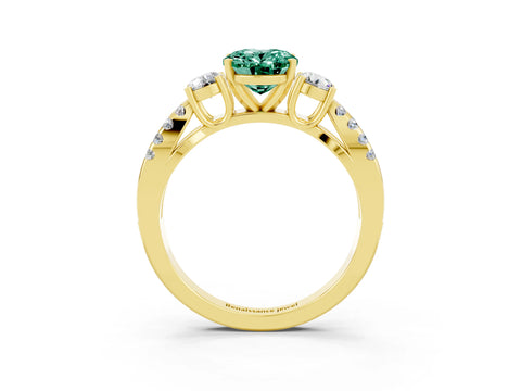 Yellow gold Oval Cut Green Sapphire Three-Stone Ring with Pavé Split Shank and Four-Prong Setting_15