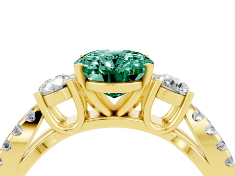 Yellow gold Oval Cut Green Sapphire Three-Stone Ring with Pavé Split Shank and Four-Prong Setting_16