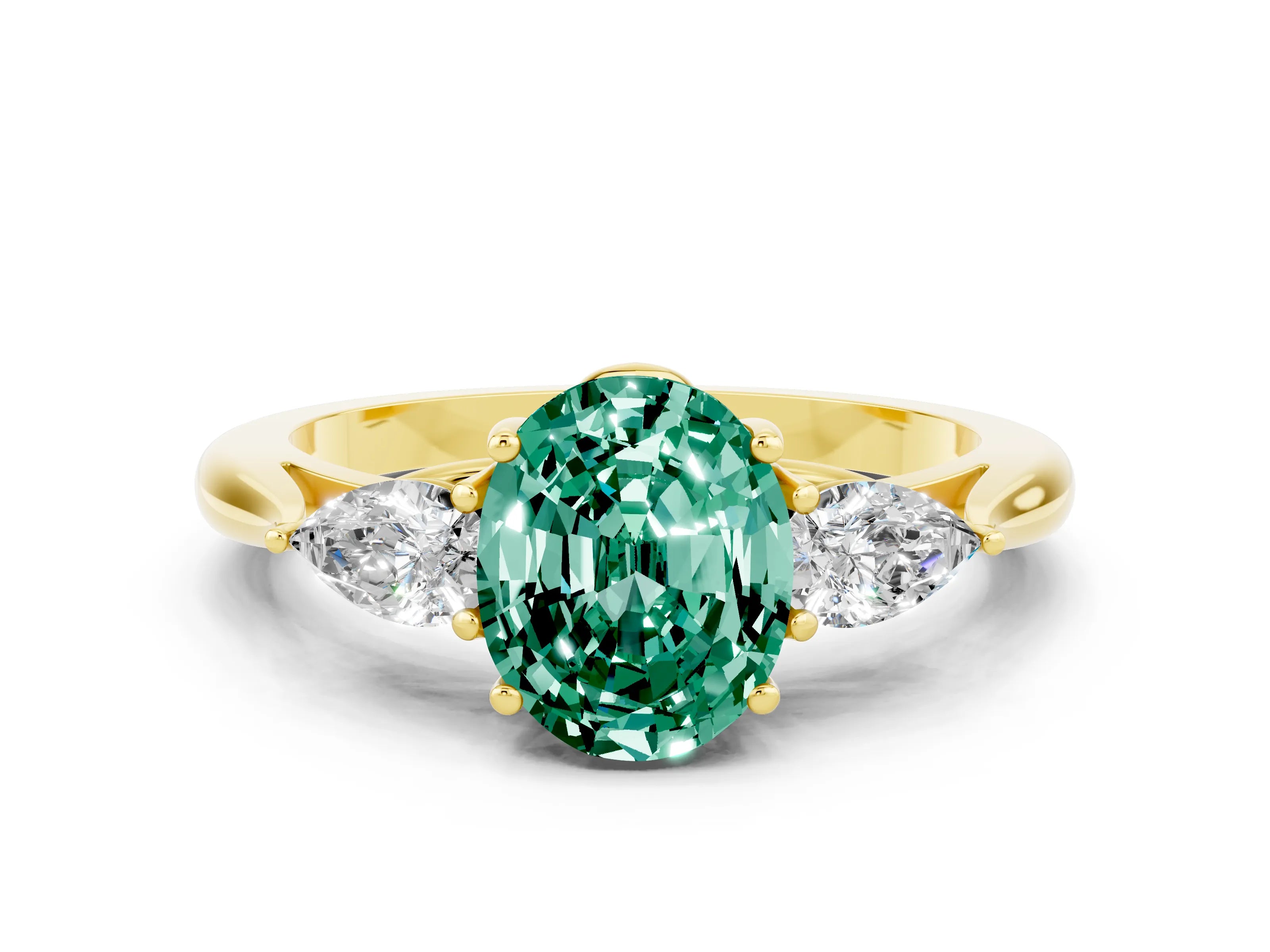 Yellow gold Oval Cut Green Sapphire Three-Stone Ring with Pear Side Stones and Four-Prong Setting_12