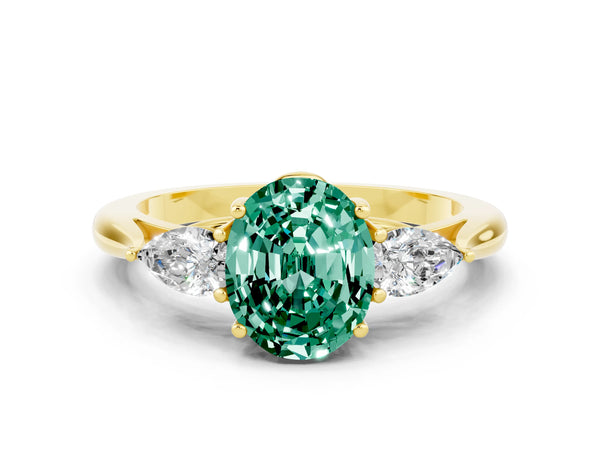 Yellow gold Oval Cut Green Sapphire Three-Stone Ring with Pear  Side Stones and Prong Setting