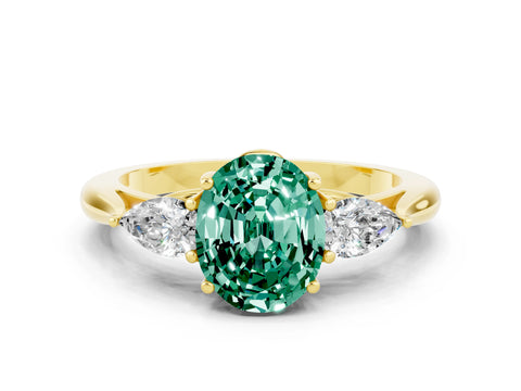 Yellow gold Oval Cut Green Sapphire Three-Stone Ring with Pear Side Stones and Four-Prong Setting_12