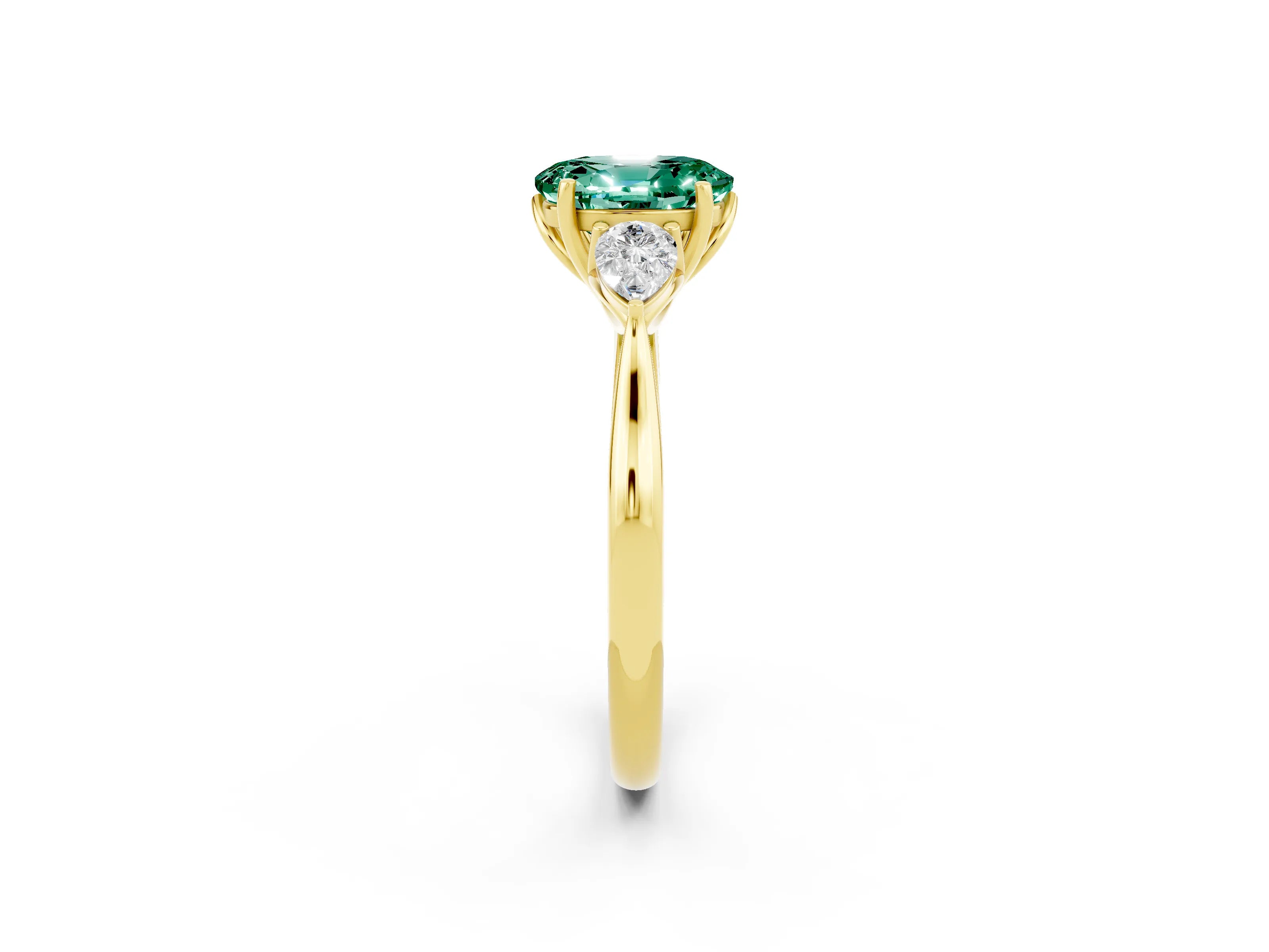 Yellow gold Oval Cut Green Sapphire Three-Stone Ring with Pear Side Stones and Four-Prong Setting_14