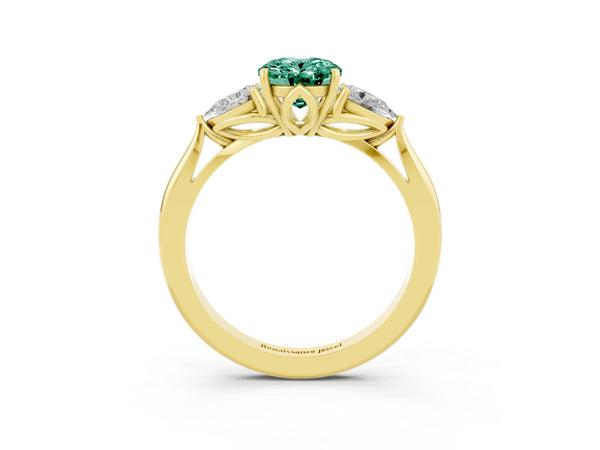 Yellow gold Oval Cut Green Sapphire Three-Stone Ring with Pear  Side Stones and Prong Setting