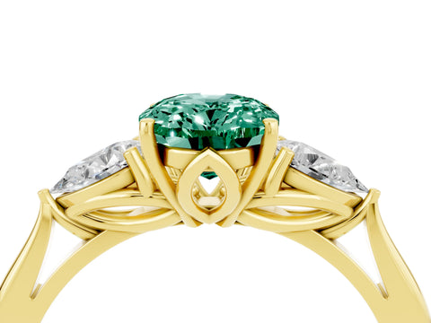 Yellow gold Oval Cut Green Sapphire Three-Stone Ring with Pear Side Stones and Four-Prong Setting_16