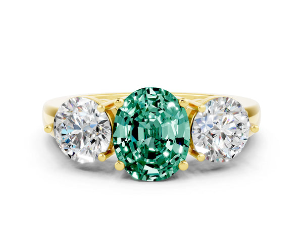 Yellow gold Oval Cut Green Sapphire Three-Stone Ring with Prong Setting and Classic Band