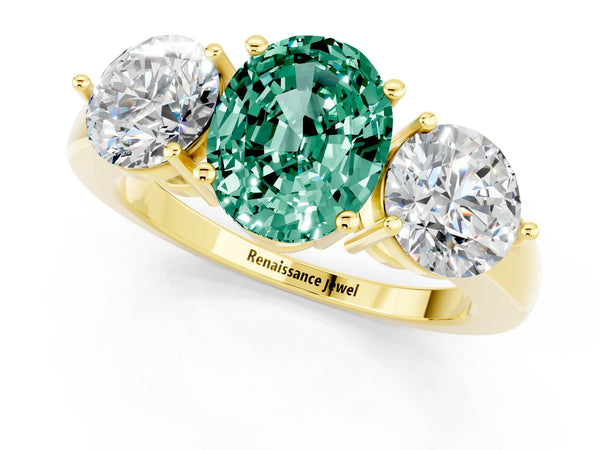 Yellow gold Oval Cut Green Sapphire Three-Stone Ring with Prong Setting and Classic Band