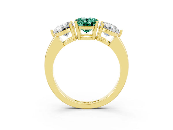 Yellow gold Oval Cut Green Sapphire Three-Stone Ring with Prong Setting and Classic Band