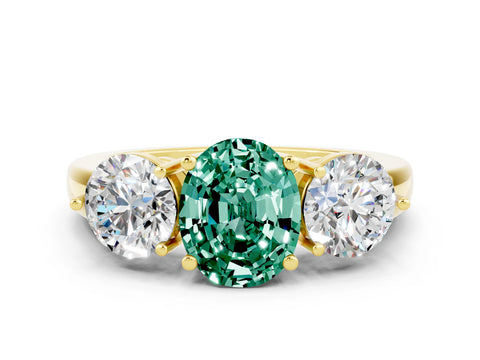 Yellow gold Oval Cut Green Sapphire Three-Stone Ring with Prong Setting and Classic Band