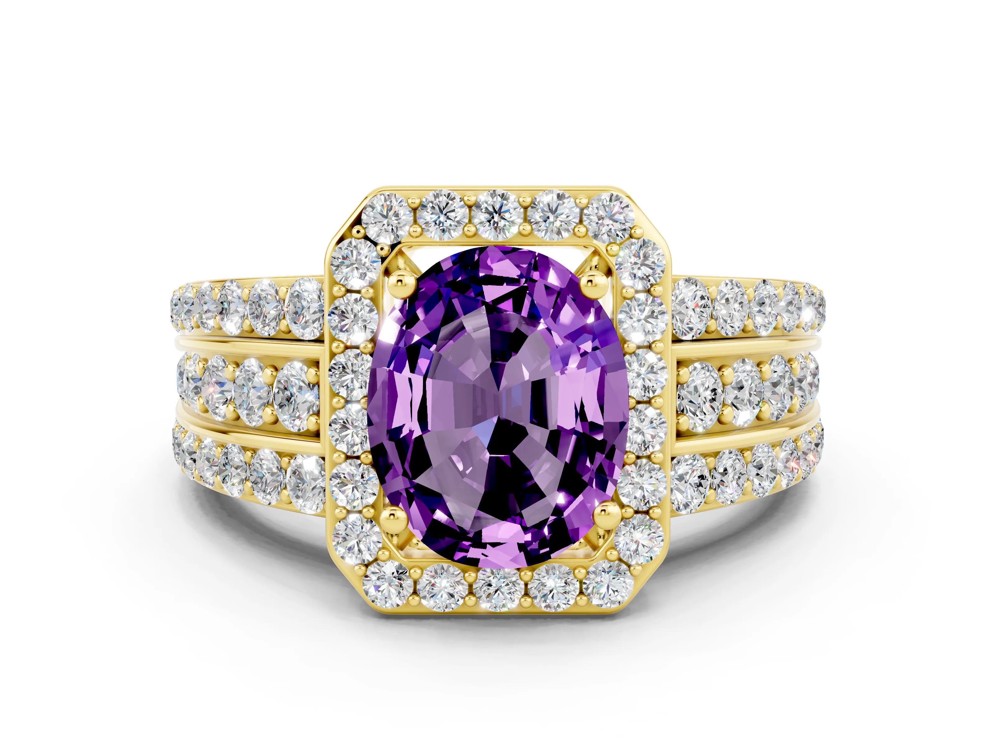 Yellow gold Oval Cut Halo Amethyst Ring with Split Shank and Four-Prong Setting