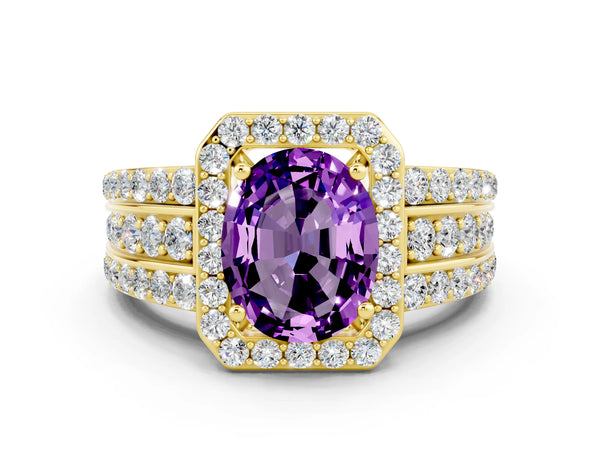 Yellow gold Oval Cut Halo Amethyst Ring with Round  Split Shank and Prong Setting