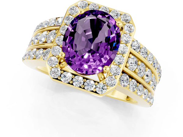 Yellow gold Oval Cut Halo Amethyst Ring with Round  Split Shank and Prong Setting