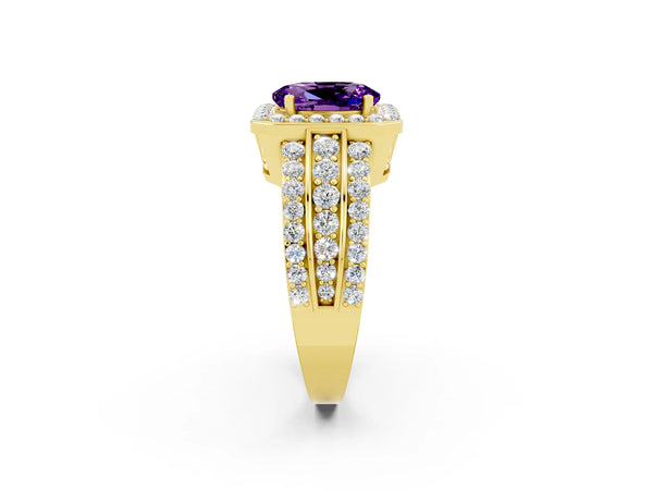Yellow gold Oval Cut Halo Amethyst Ring with Round  Split Shank and Prong Setting