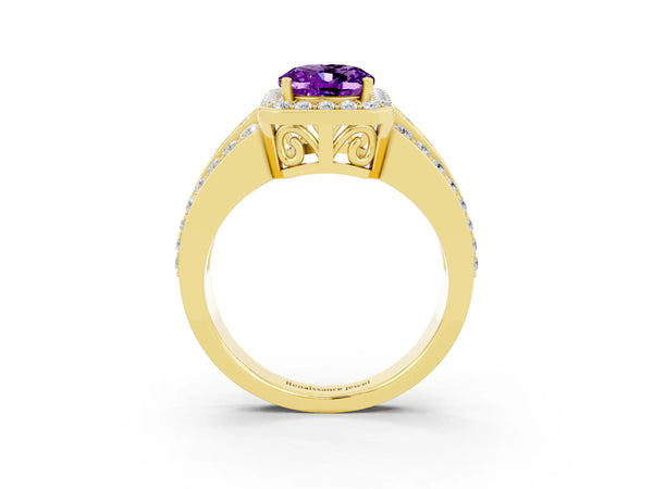 Yellow gold Oval Cut Halo Amethyst Ring with Round  Split Shank and Prong Setting