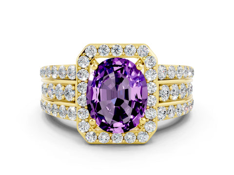 Yellow gold Oval Cut Halo Amethyst Ring with Split Shank and Four-Prong Setting