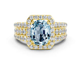 Yellow gold Oval Cut Halo Aquamarine Ring with Split Shank and Four-Prong Setting