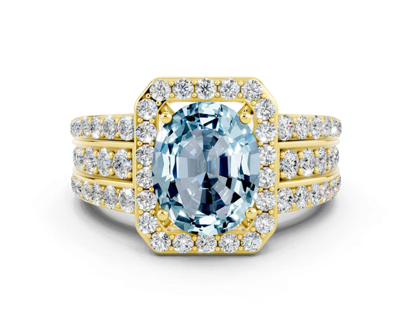 Yellow gold Oval Cut Halo Aquamarine Ring with Round  Split Shank and Prong Setting