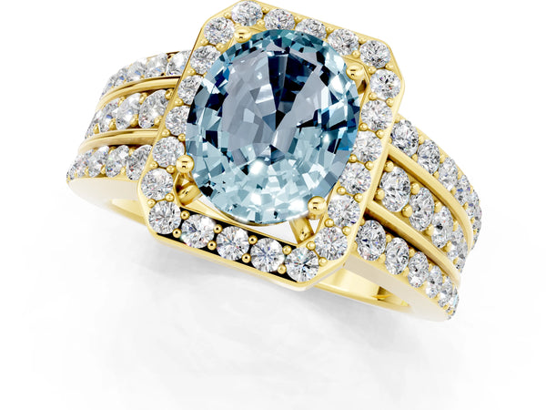 Yellow gold Oval Cut Halo Aquamarine Ring with Round  Split Shank and Prong Setting