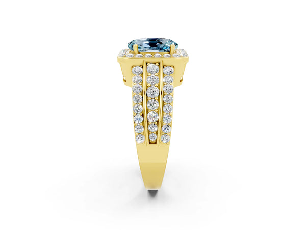 Yellow gold Oval Cut Halo Aquamarine Ring with Round  Split Shank and Prong Setting